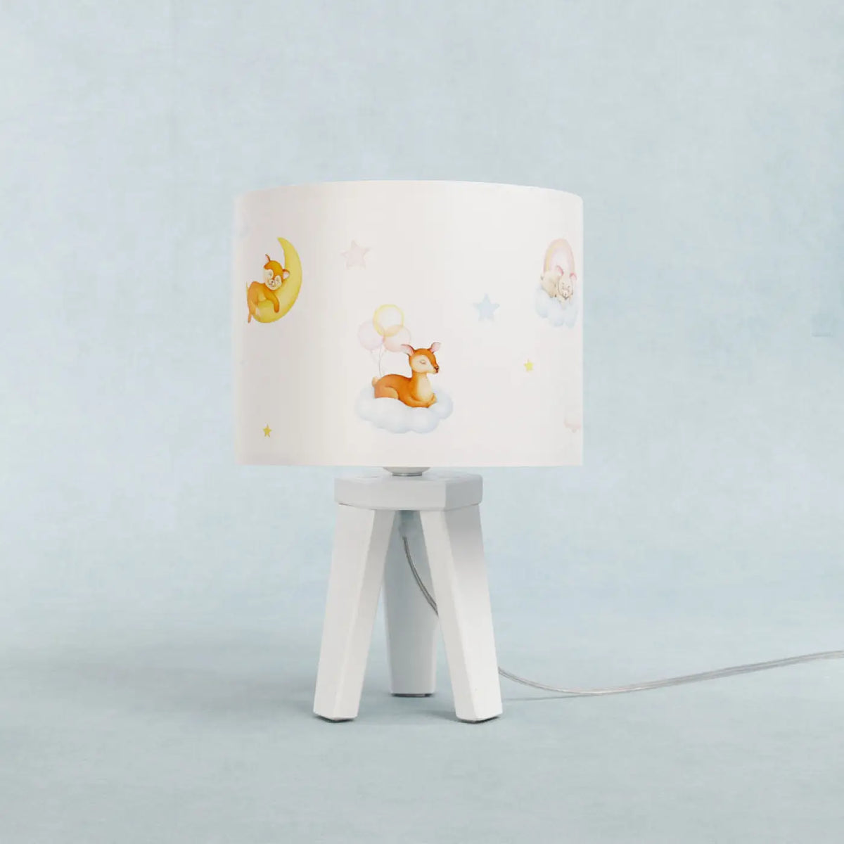 Lampe de chevet enfant faon sur un nuage, pied en bois