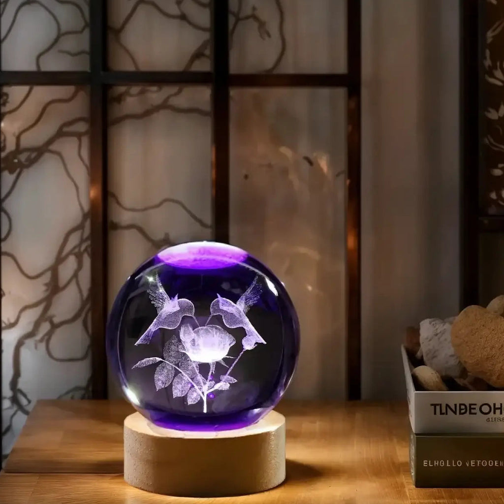 Veilleuse boule en verre décor colibris, teinte violette