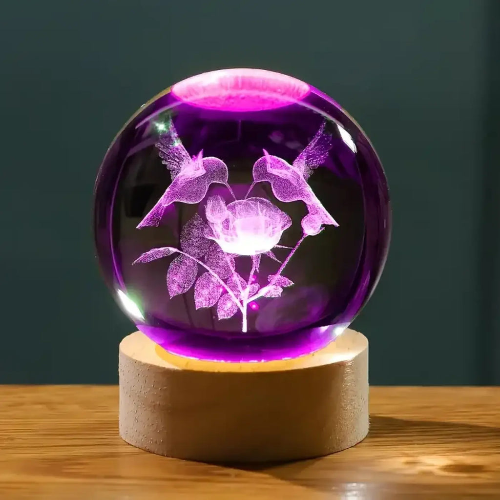 Veilleuse boule en verre décor colibris, teinte violette