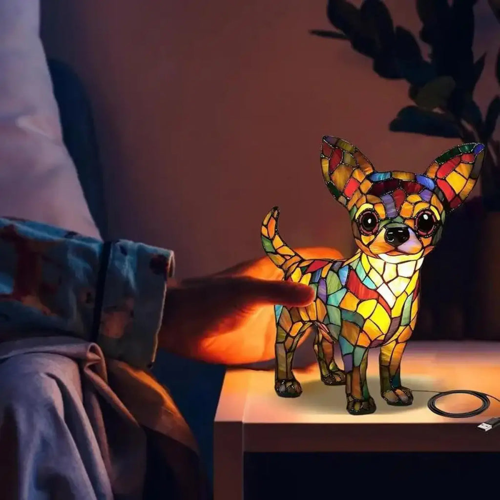 Veilleuse chien façon vitrail, motif coloré
