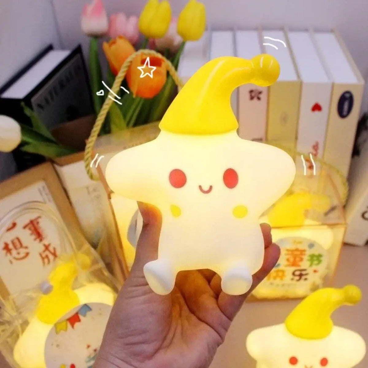 Veilleuse étoile avec bonnet pour enfant, rouge ou jaune