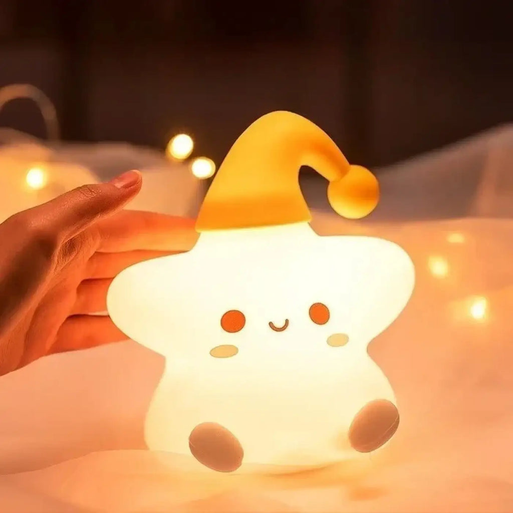 Veilleuse étoile avec bonnet pour enfant, rouge ou jaune