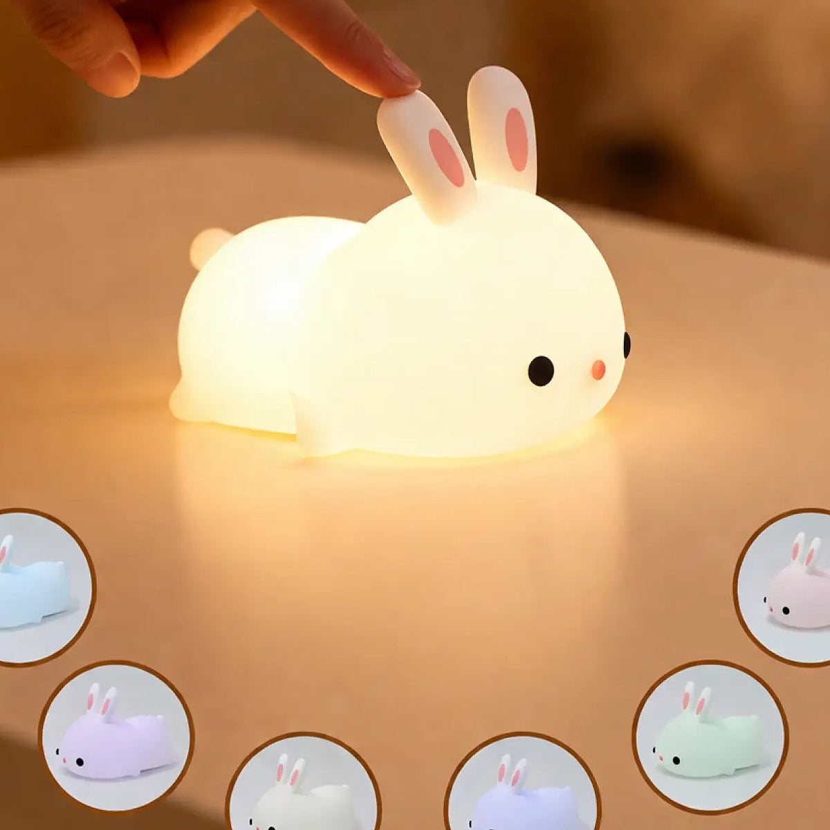 Veilleuse lapin en silicone, blanc chaud ou sept couleurs