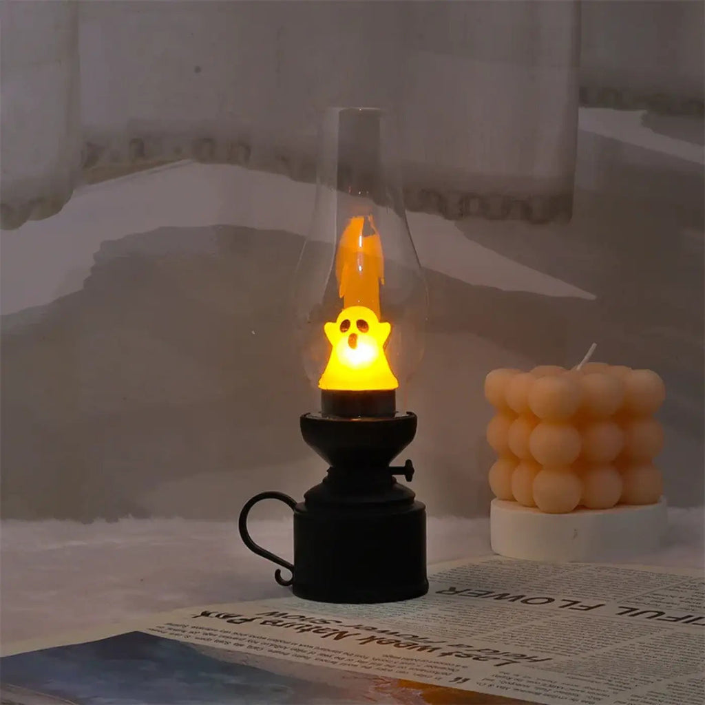 Veilleuse effet flamme façon lampe à pétrole, jaune ou rouge