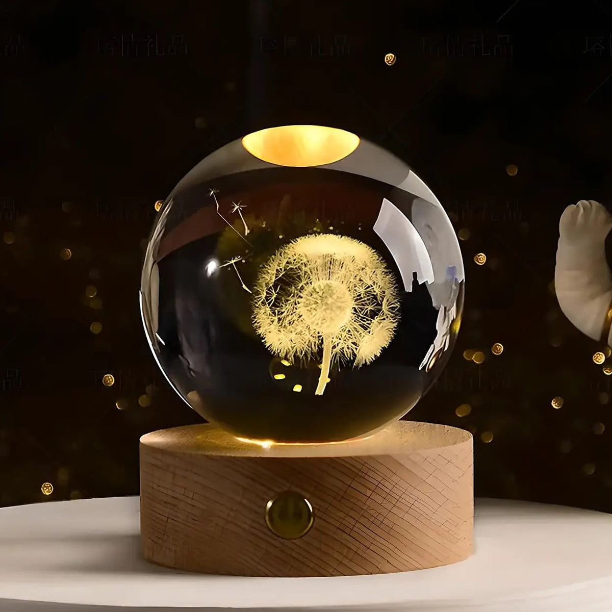 Veilleuse en cristal à pissenlit gravé en 3D, base en bois