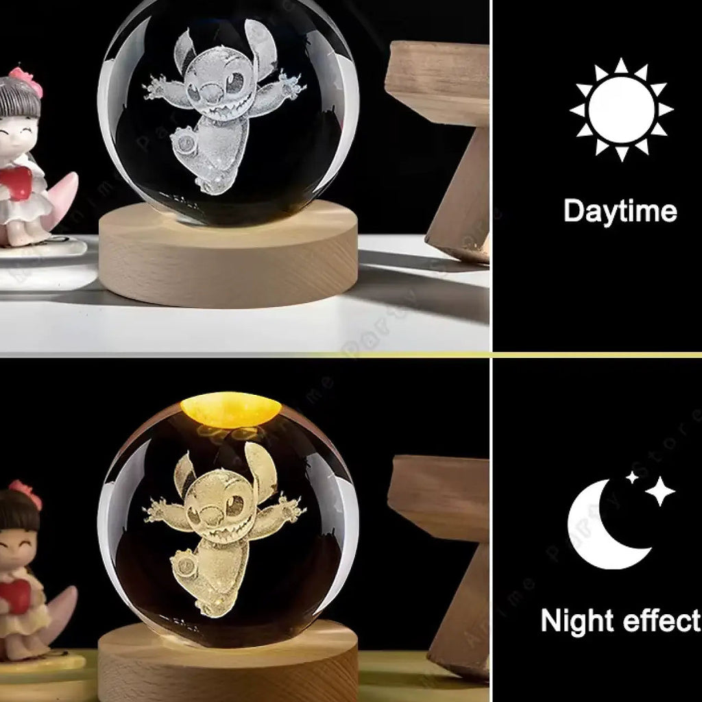 Veilleuse sphère en cristal sur socle en bois
