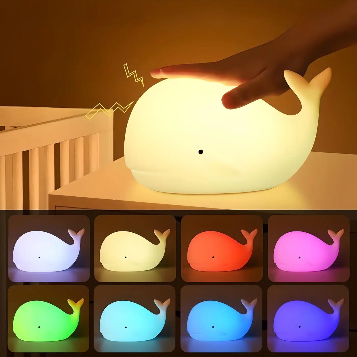 Veilleuse baleine tactile, du blanc doux aux couleurs